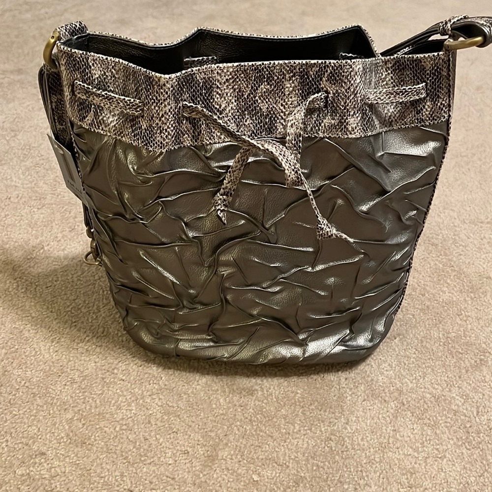 Women Leather Shoulder Bag with Snakeskin Accent.